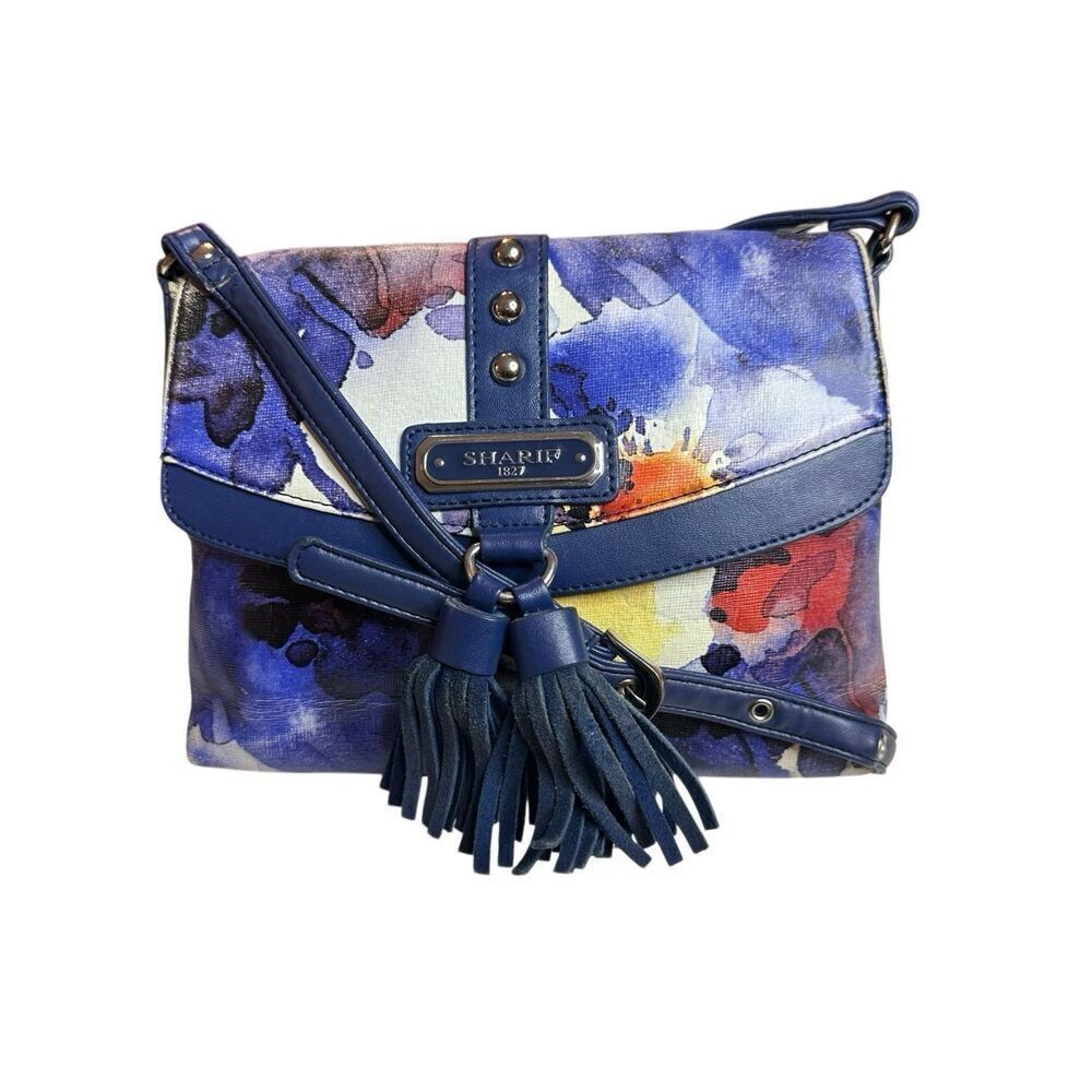 Sharif 1827 Women's Watercolor Flower Print Poppy Leather Tassel Crossbody Bag